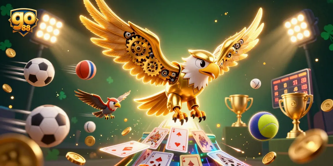 Experience action with go 88 as a golden eagle soars through holographic cards and sports elements.