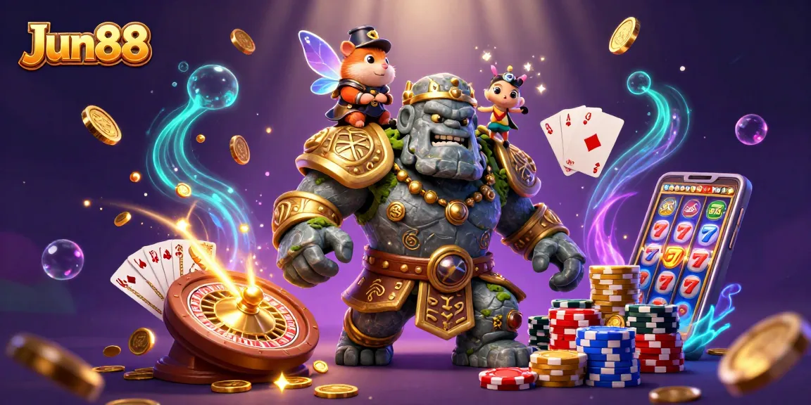 Win big with Jun88 at a lively casino scene featuring magical elements and vibrant gaming action.