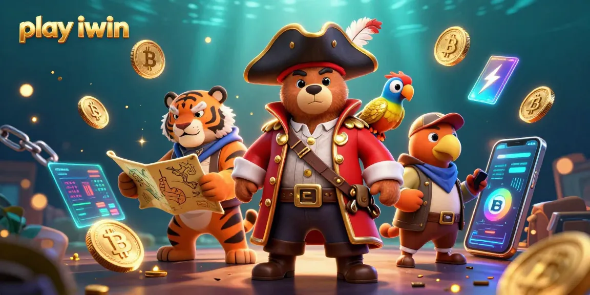 Play iwin with engaging pirate-themed characters and floating crypto elements in an exciting 3D scene.