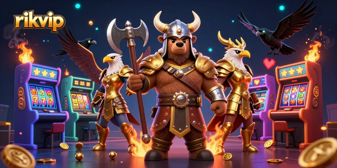 Experience thrilling gameplay at rikvip with a Viking berserker and Valkyrie amidst colorful casino elements.