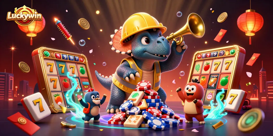 Engage with Luckywin's dynamic casino adventure featuring vibrant characters celebrating wins amidst iconic gaming elements.