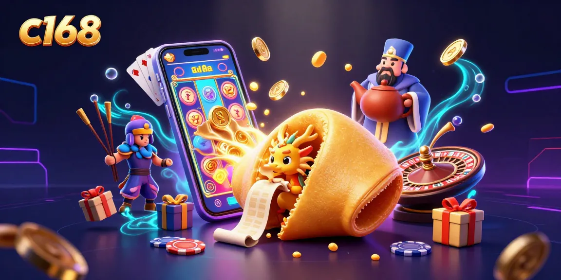 Engage with casino excitement at c168 featuring a wise dragon and golden fortune cookie in a lively 3D scene.