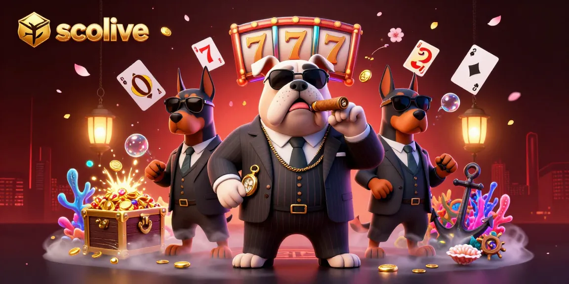 Socolive shows an energetic casino scene with a mafia bulldog and Doberman bodyguards amid vibrant slot reels.