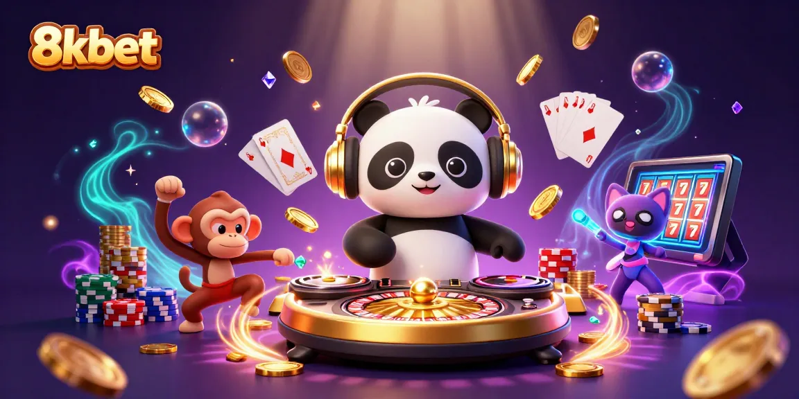 Experience thrilling entertainment at 8xbet with DJ panda and vibrant game elements in a dynamic casino scene.