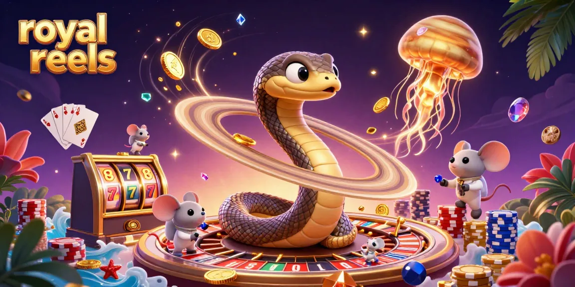 Bet and win at Royal Reels casino with astronaut mice and a cosmic dealer in vibrant 3D illustration.
