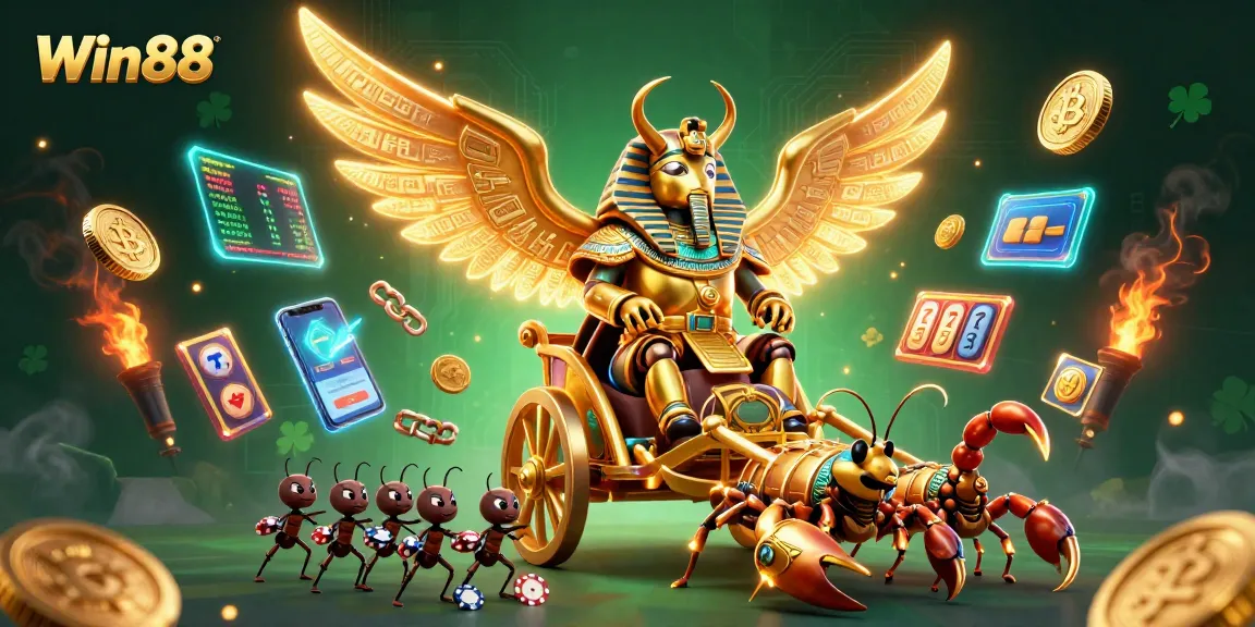 Engage in thrilling betting experiences at Win88 illustrated by adventurous characters in a dynamic casino scene.