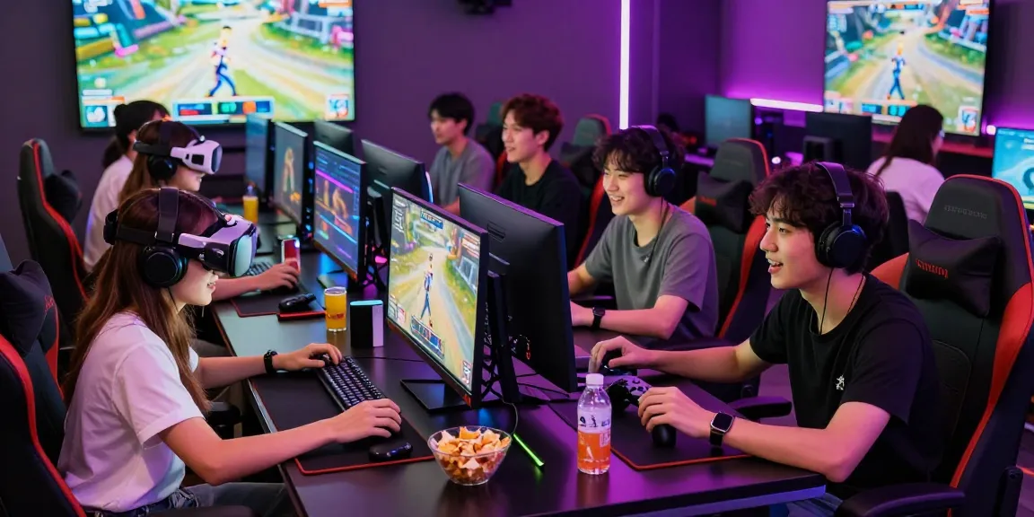 Friends in a gaming lounge enjoying a hit club multiplayer session with consoles and snacks.