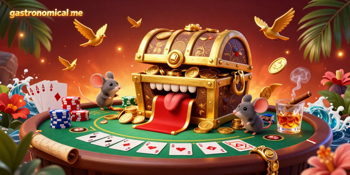 Experience riches in the gastronomicalme treasure chest scene with a poker table and vibrant casino elements.