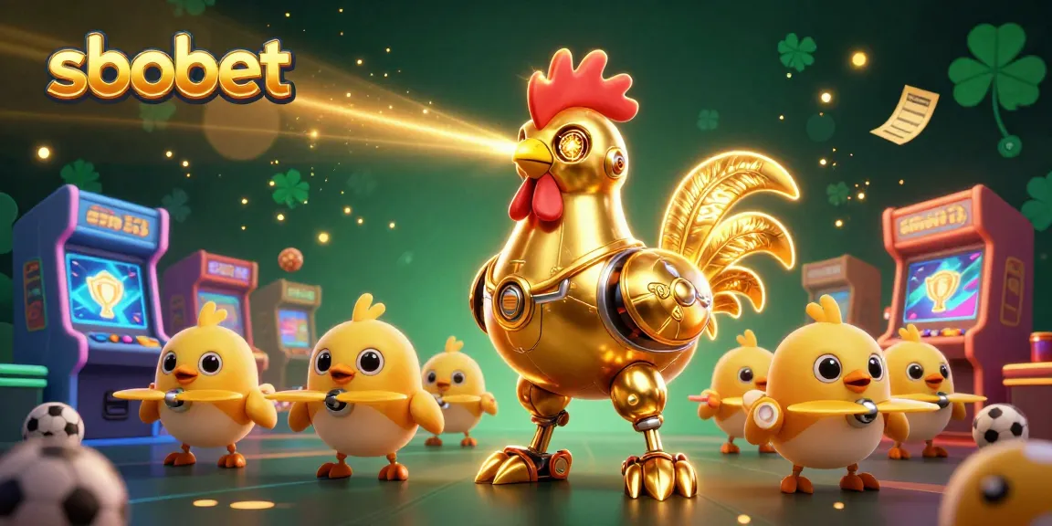 Bet on sbobet with exciting sports betting action featuring a golden rooster robot and baby chick drones.