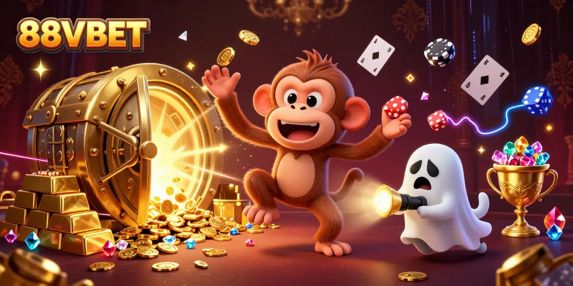 Engage with 88VBET while a mischievous monkey juggles casino treasures in a haunted setting.