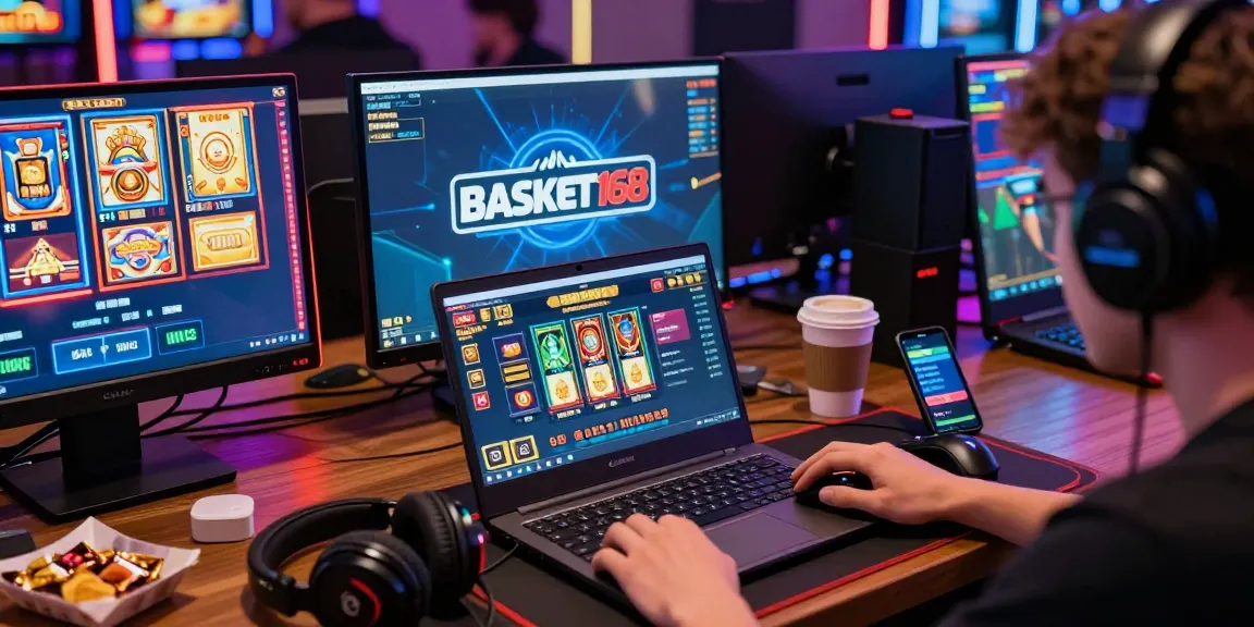 Proses login basket168 slot login sambil bermain game taruhan online dengan suasana yang energik dan aksesori permainan di sekeliling.