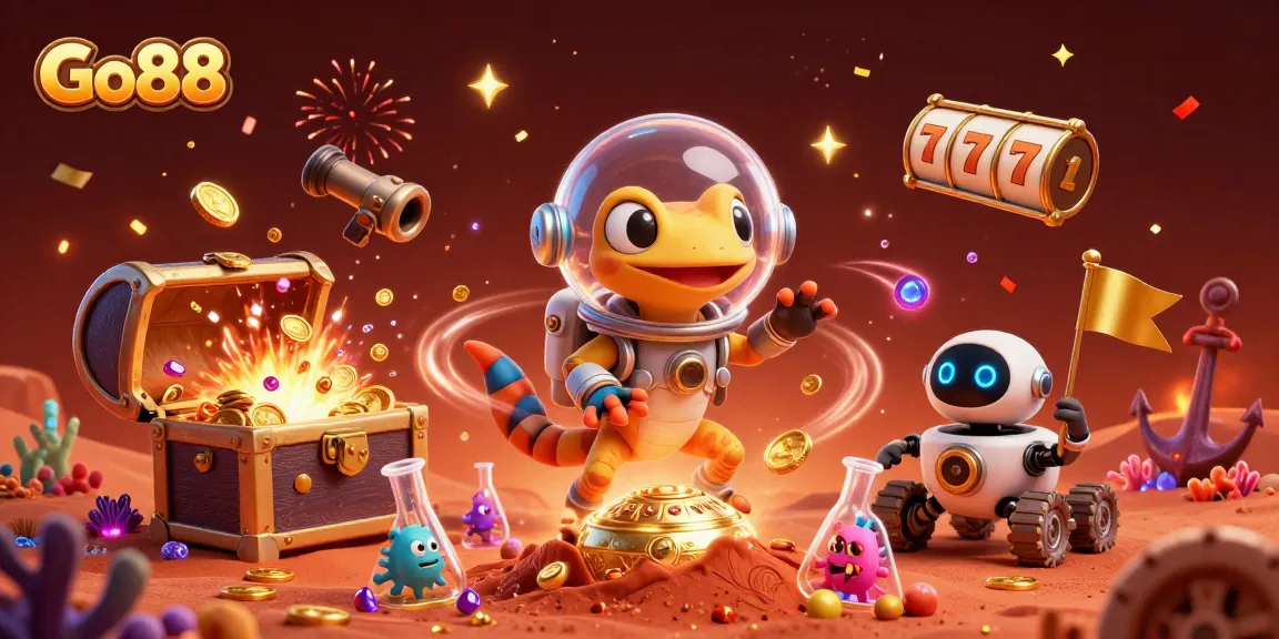 Go88's Martian gecko and robot exploring a golden casino with vibrant slot reels