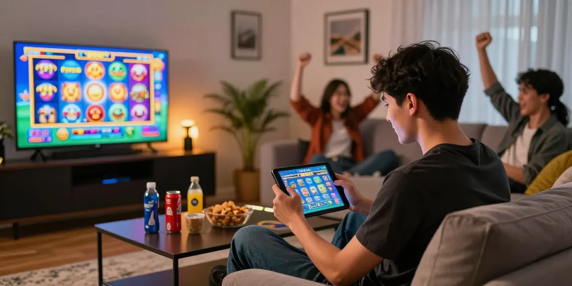 Evo888 Apk gaming scene with a player enjoying vibrant slot games in a cozy living room, surrounded by snacks and friends.