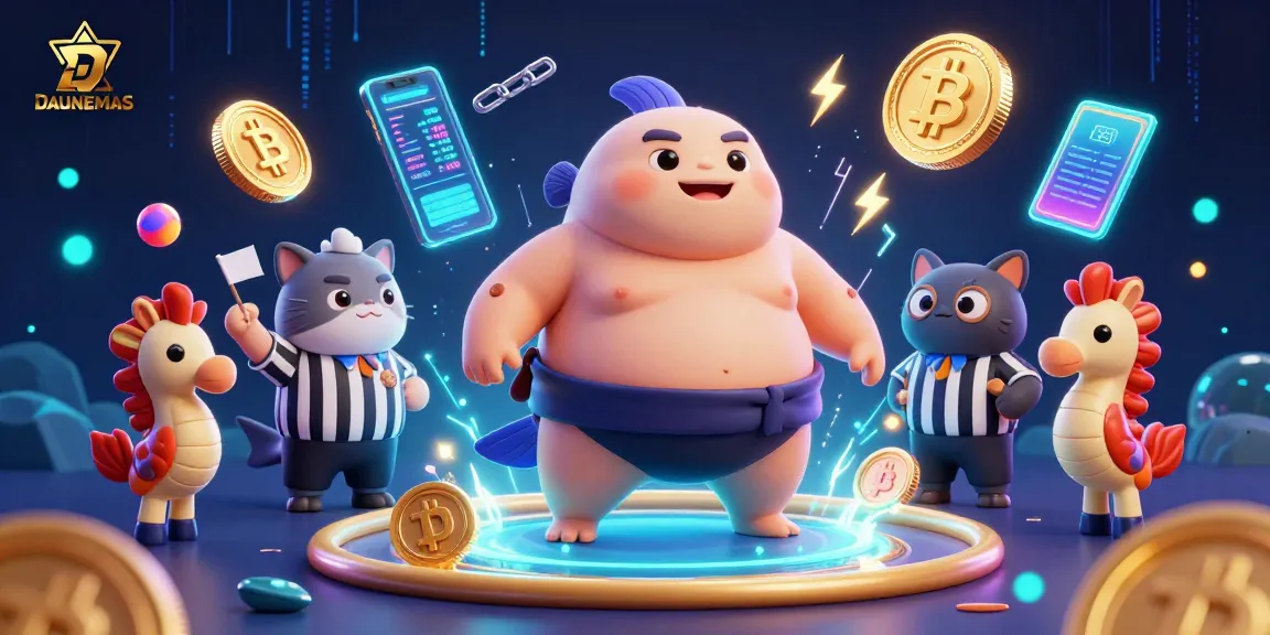 DAUNEMAS showcases an exciting underwater casino scene with a fugu sumo wrestling character.